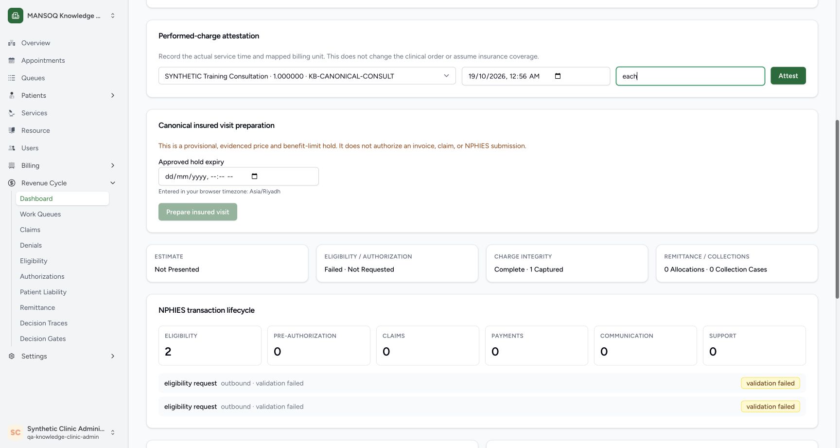The selected SYNTHETIC Training Consultation, 19 October 2026 12:56 AM browser-local time and exact unit each are visible before the enabled Attest action. The expiry below is still empty and Prepare is disabled.