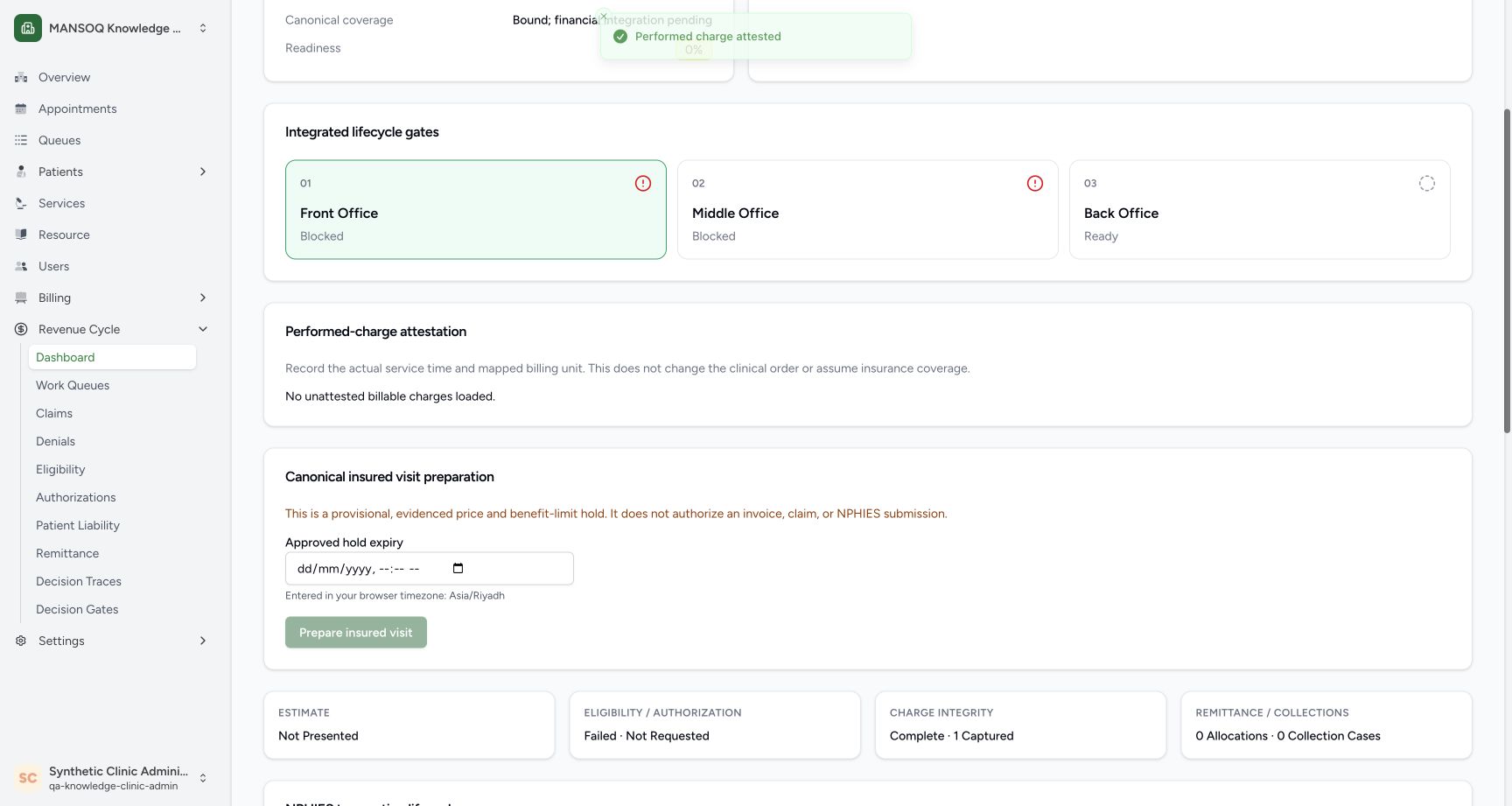 The UI reports Performed charge attested and no unattested billable charges loaded. The approved hold expiry is still empty; Prepare remains disabled. Independent stored records confirm the captured service fact.