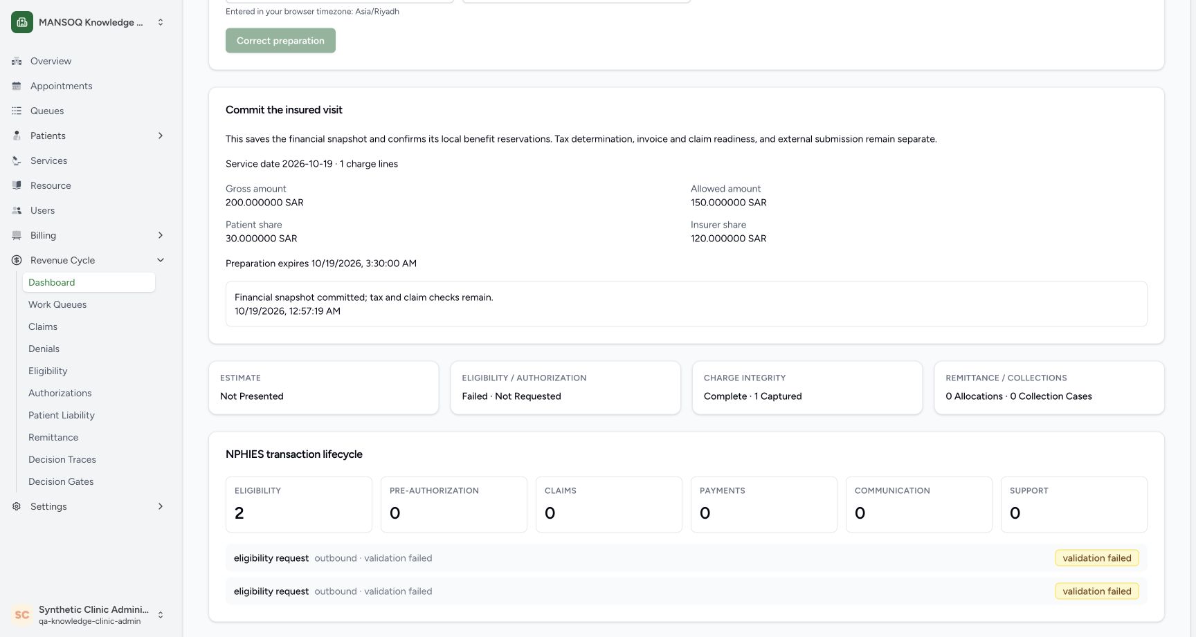 The saved status box reads Financial snapshot committed; tax and claim checks remain and shows 19 October 2026 12:57:19 AM. There is no Review or Confirm control in the saved card. The surrounding eligibility rows remain local validation failures.