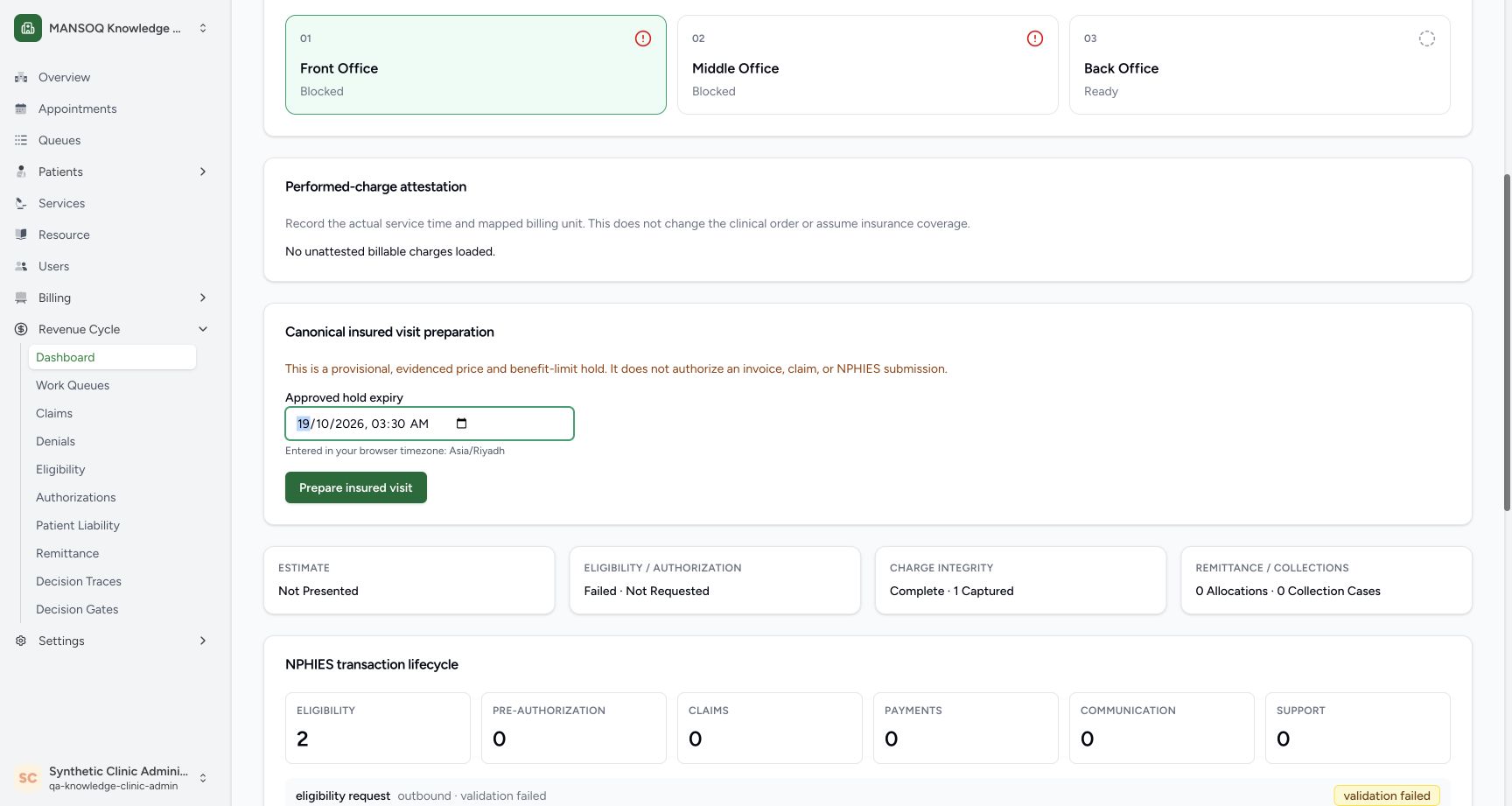 The filled approved hold expiry 19 October 2026 03:30 AM, Asia/Riyadh browser hint and enabled Prepare insured visit button are visible before submission. The page explicitly says this provisional operation does not authorize an invoice, claim or NPHIES submission.