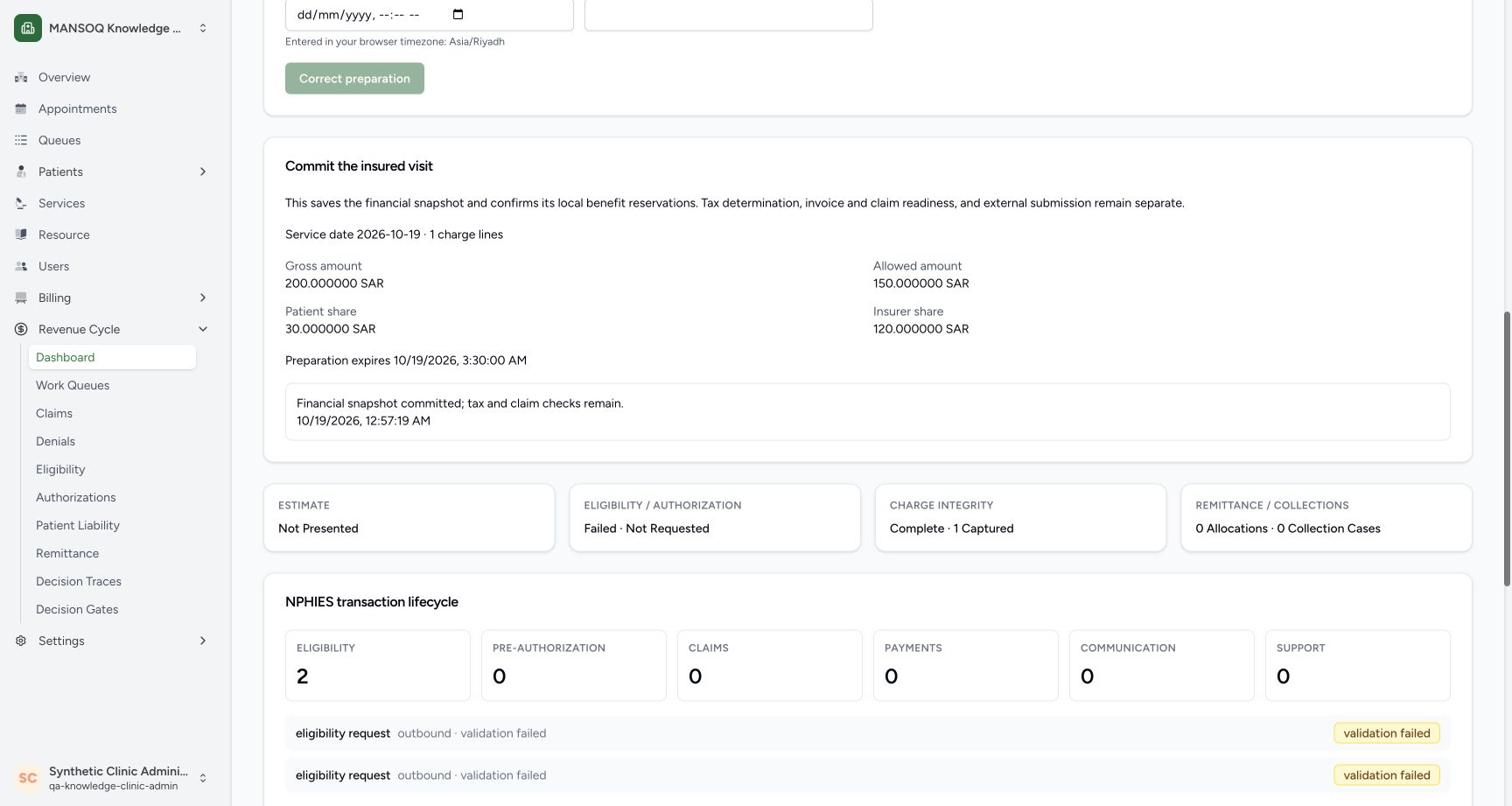 After actual page reload and scrolling to the commitment panel, all four amounts, the original expiry and the saved financial snapshot at 12:57:19 AM remain visible. Review and Confirm controls are absent. Independent API/database readbacks confirm the persisted record.