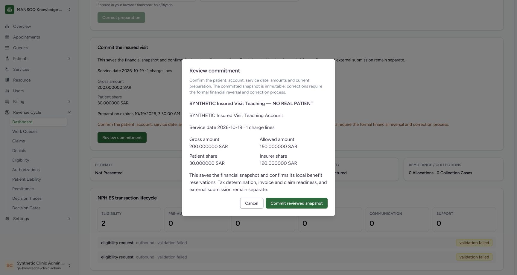 The review dialog shows the synthetic patient/account, service date 19 October, one charge, gross SAR 200, allowed SAR 150, patient share SAR 30 and insurer share SAR 120. Cancel and Commit reviewed snapshot are visible; tax, invoice/claim readiness and external submission remain separate.