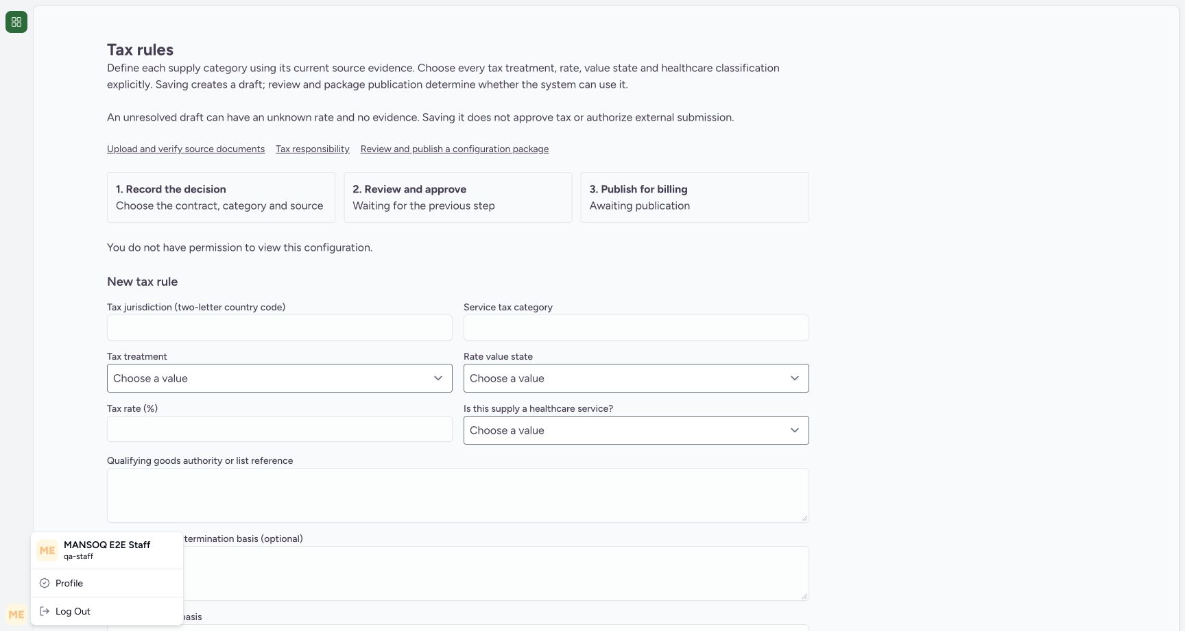 Tax rules with an open account menu showing the existing qa-staff account