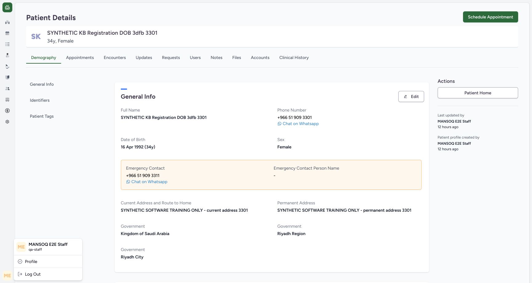 Open Staff account menu and the original synthetic patient Demography page