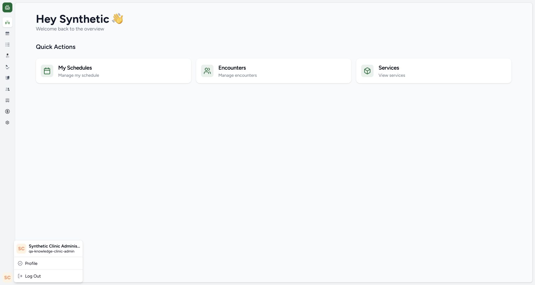 Clinic overview with the account menu showing qa-knowledge-clinic-admin