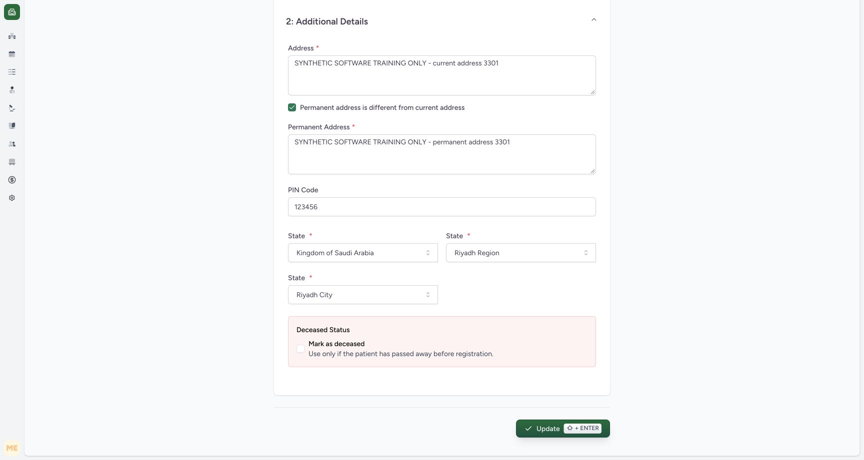 Bottom of the changed patient editor with Update enabled and the other displayed details preserved
