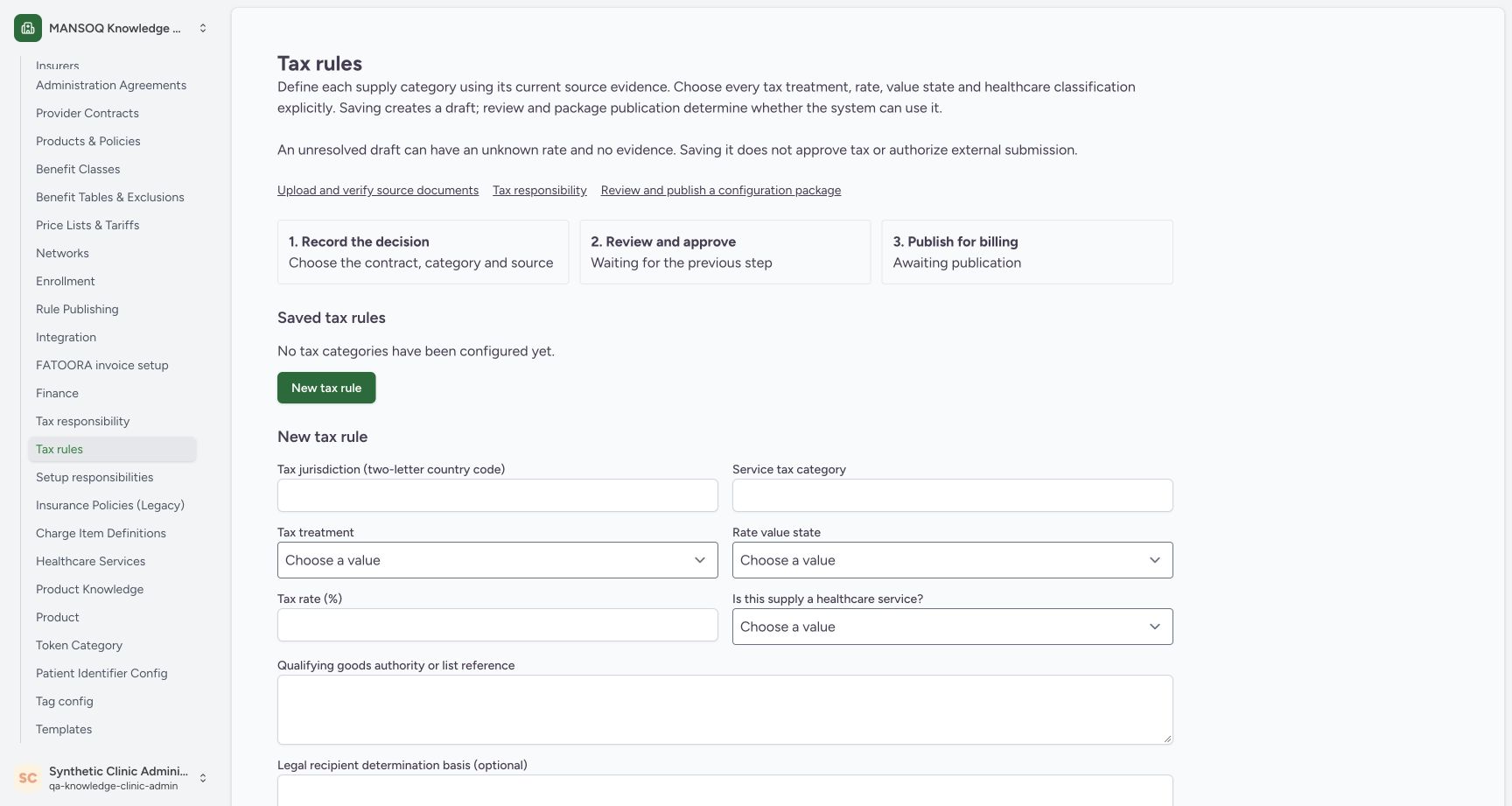Tax rules is selected in settings and no tax categories are configured yet