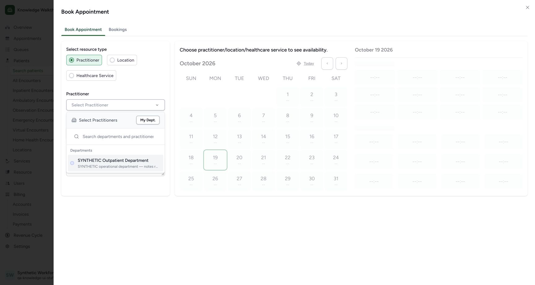 Choose the existing outpatient department. Genuine ordinary Staff workflow with explicitly fictional data.