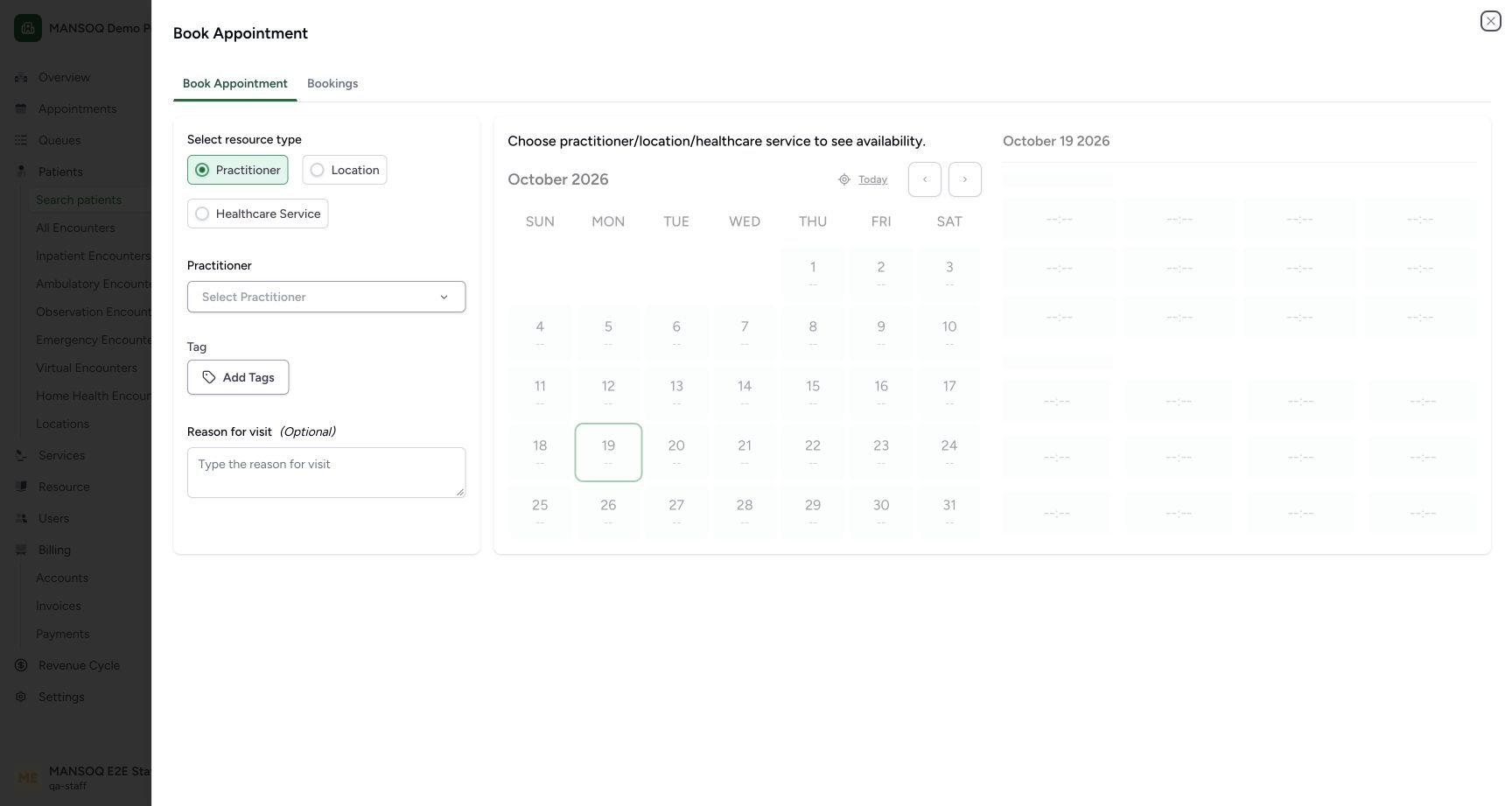 Choose the existing practitioner before viewing current-day slots. Genuine synthetic Staff workflow.