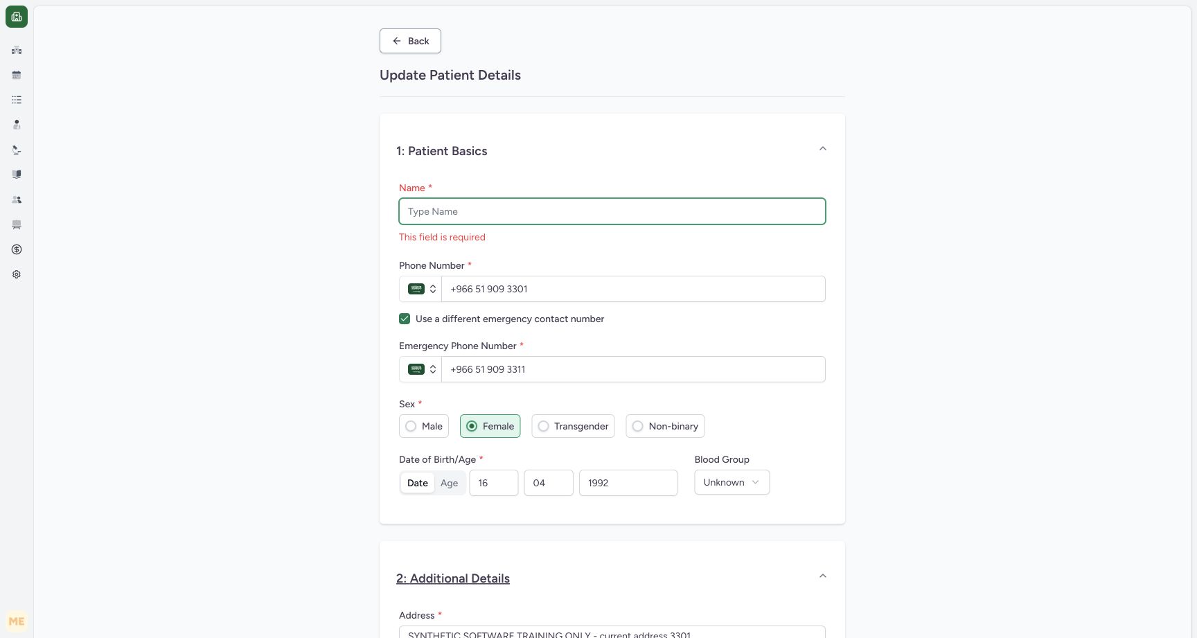 Blank Name field with This field is required and the original contact details still loaded