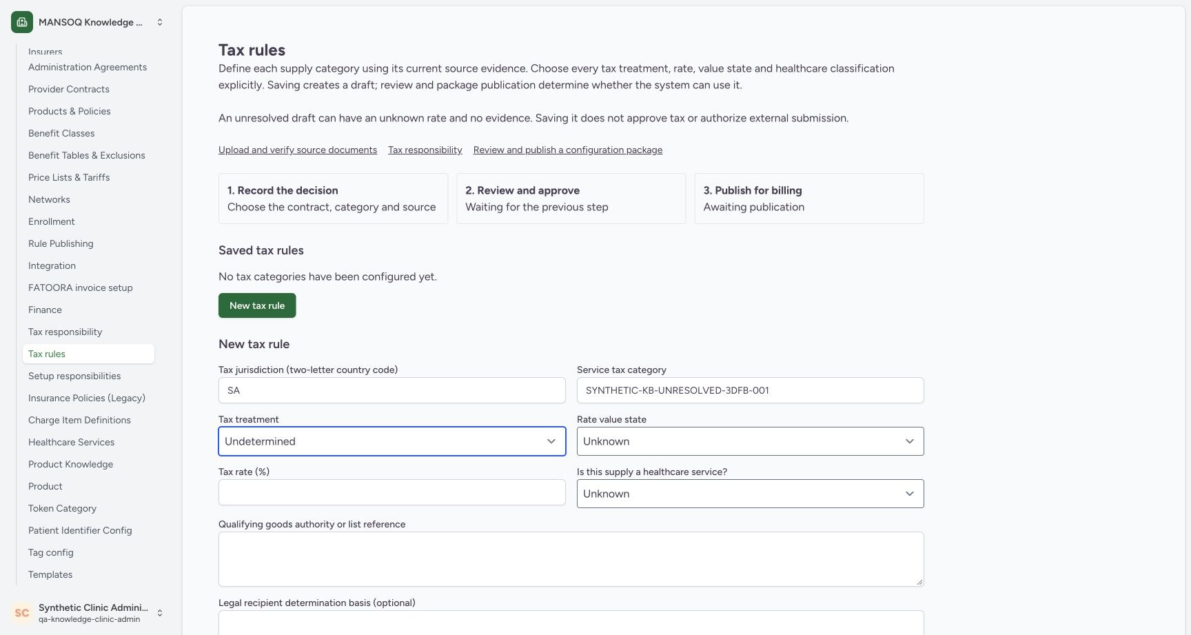 Tax form with SA, the fictional category, Undetermined treatment and Unknown rate state