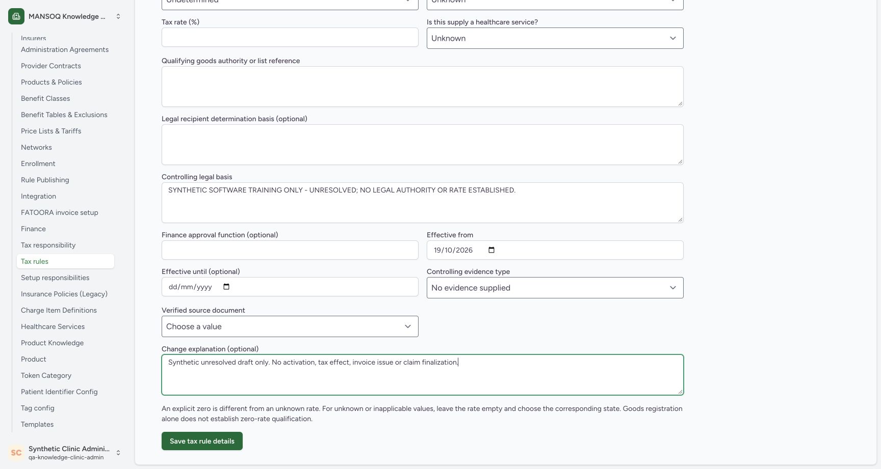 Tax form with the fictional legal basis, effective date 19/10/2026, absent evidence and change explanation