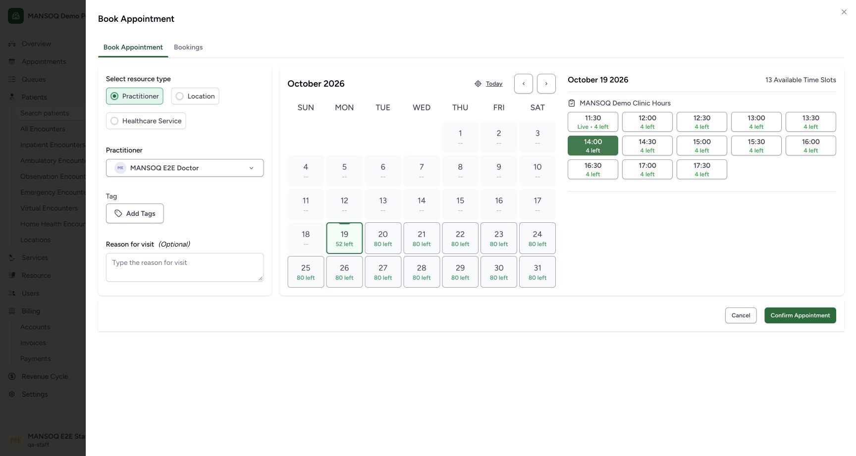 Review the selected future slot before any confirmation. Genuine synthetic Staff workflow.