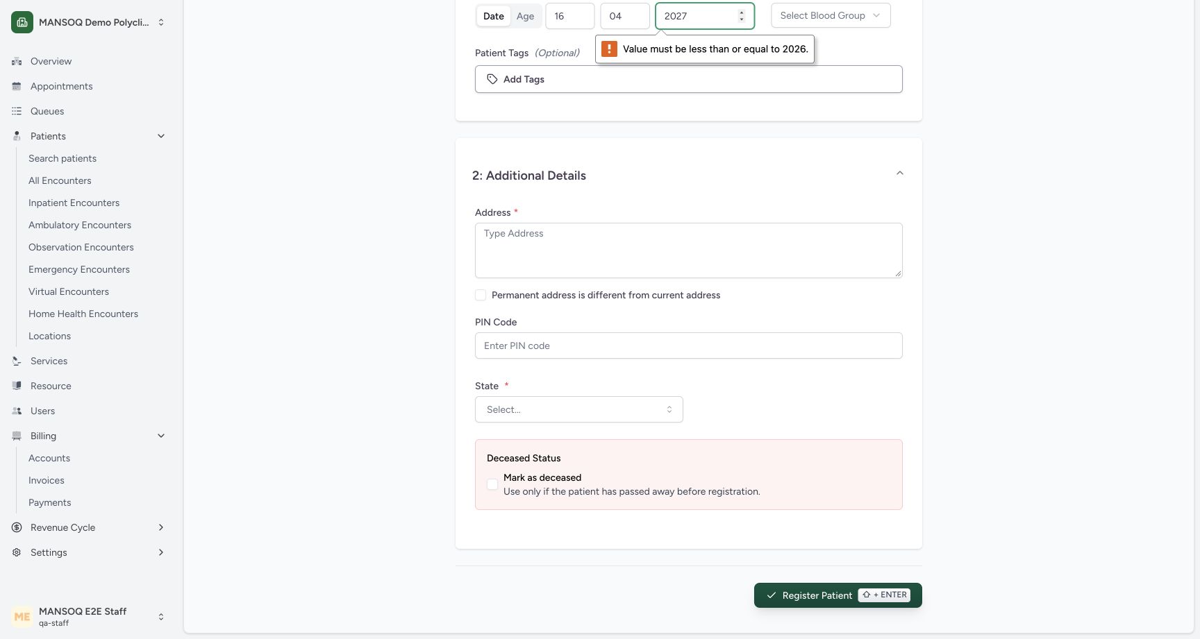 Future birth year is refused before registration. Actual synthetic Staff lesson.