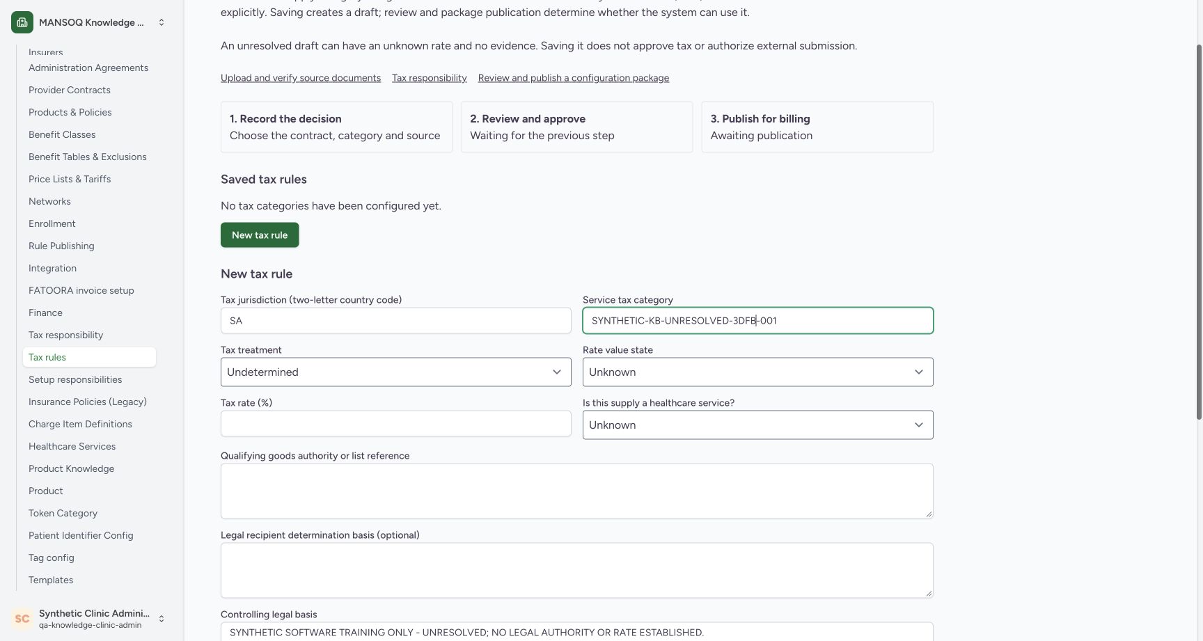 Pre-save tax form with SA, the fictional category, empty rate, Unknown classification and blank evidence references