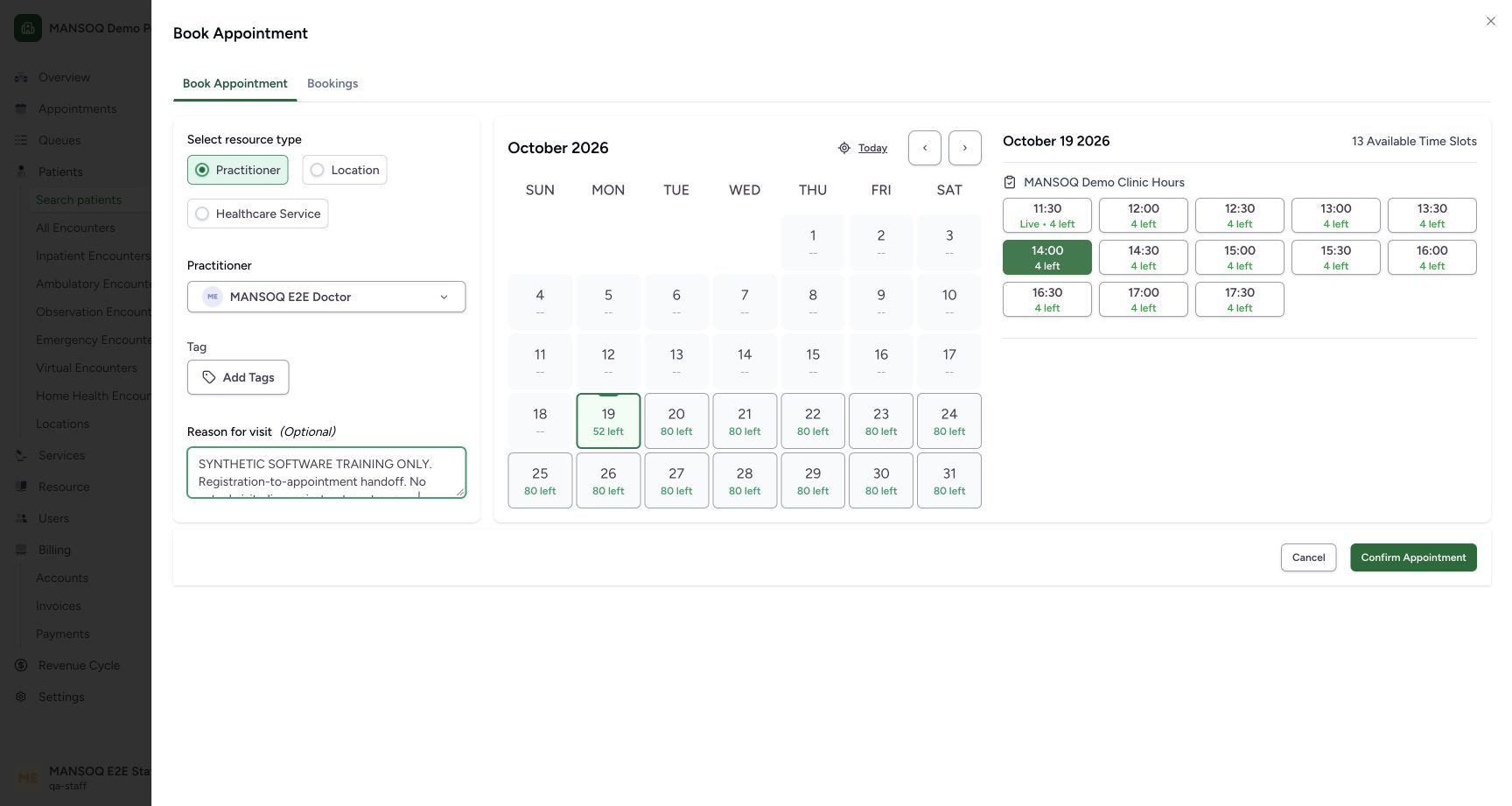 Review the exact fictional booking before confirming once. Genuine synthetic Staff workflow.