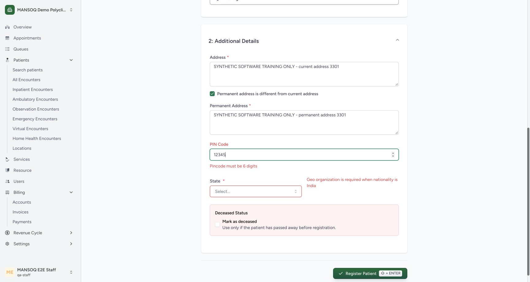 Different current and permanent address controls. Actual synthetic Staff lesson.