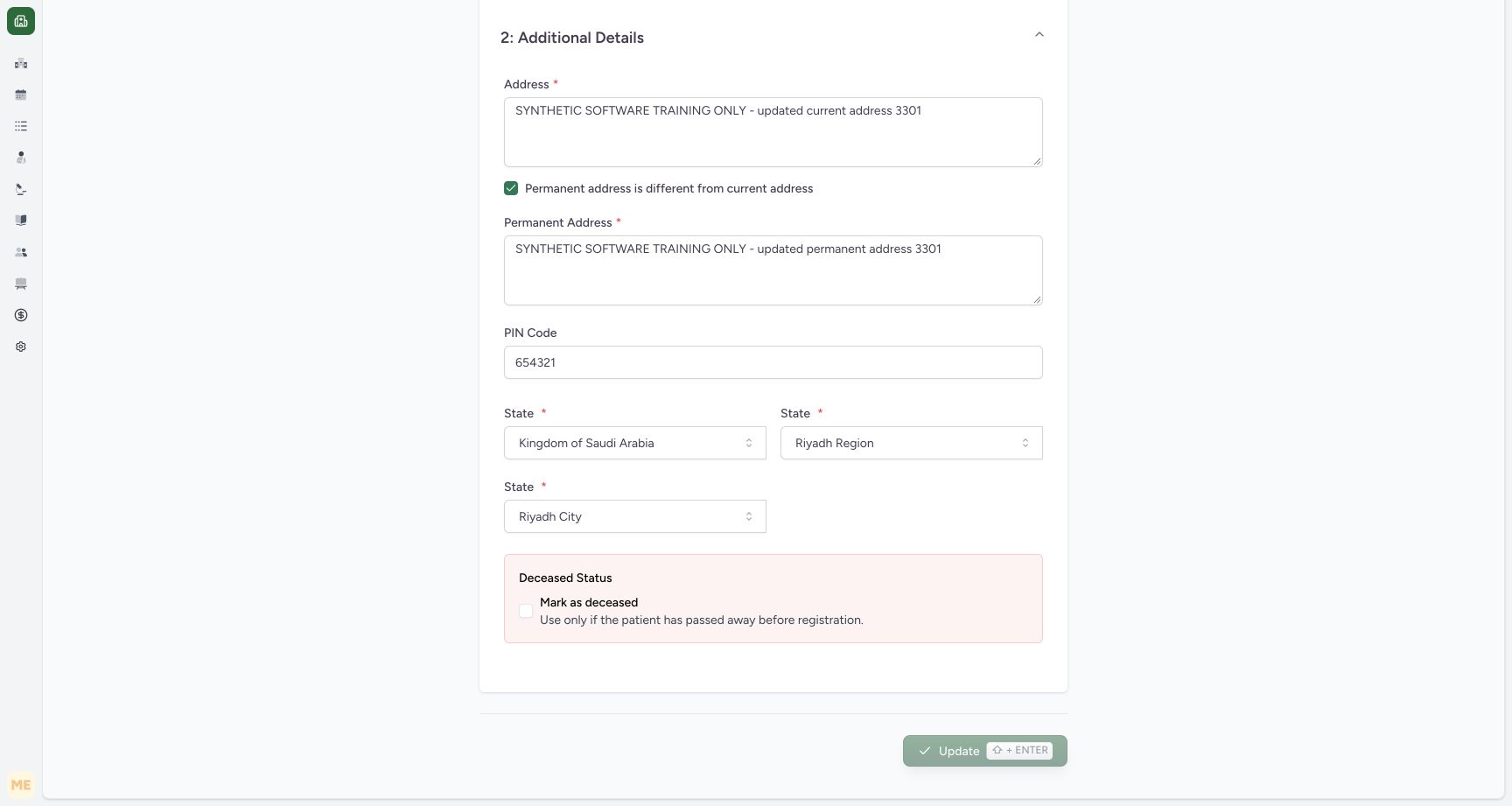 Clean reopened Additional Details showing the saved addresses and PIN Code with Update disabled