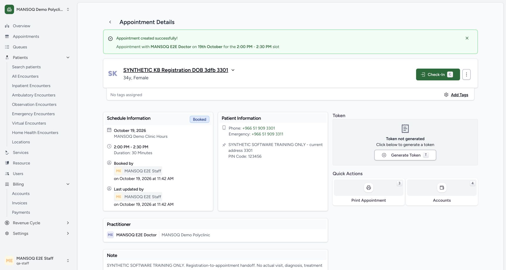 Verify the saved booked appointment and its actual Staff audit. Genuine synthetic Staff workflow.