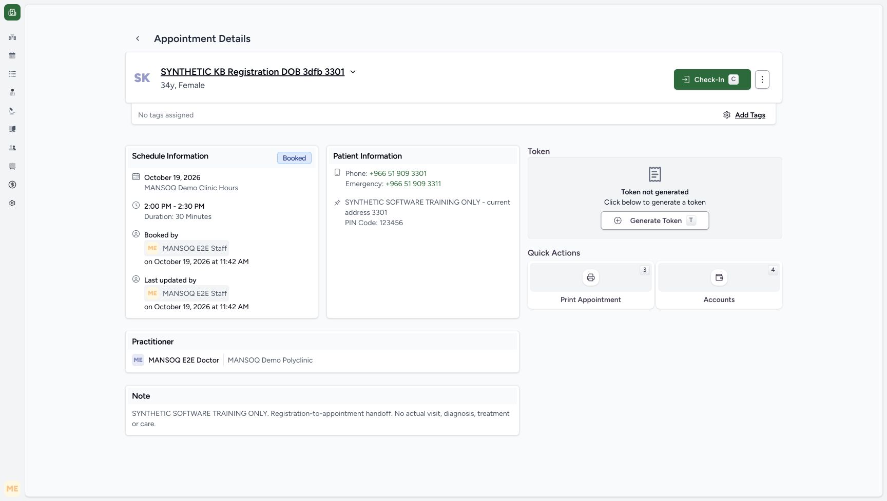 Review the saved synthetic booking before Staff Check-In. Genuine synthetic Staff workflow.