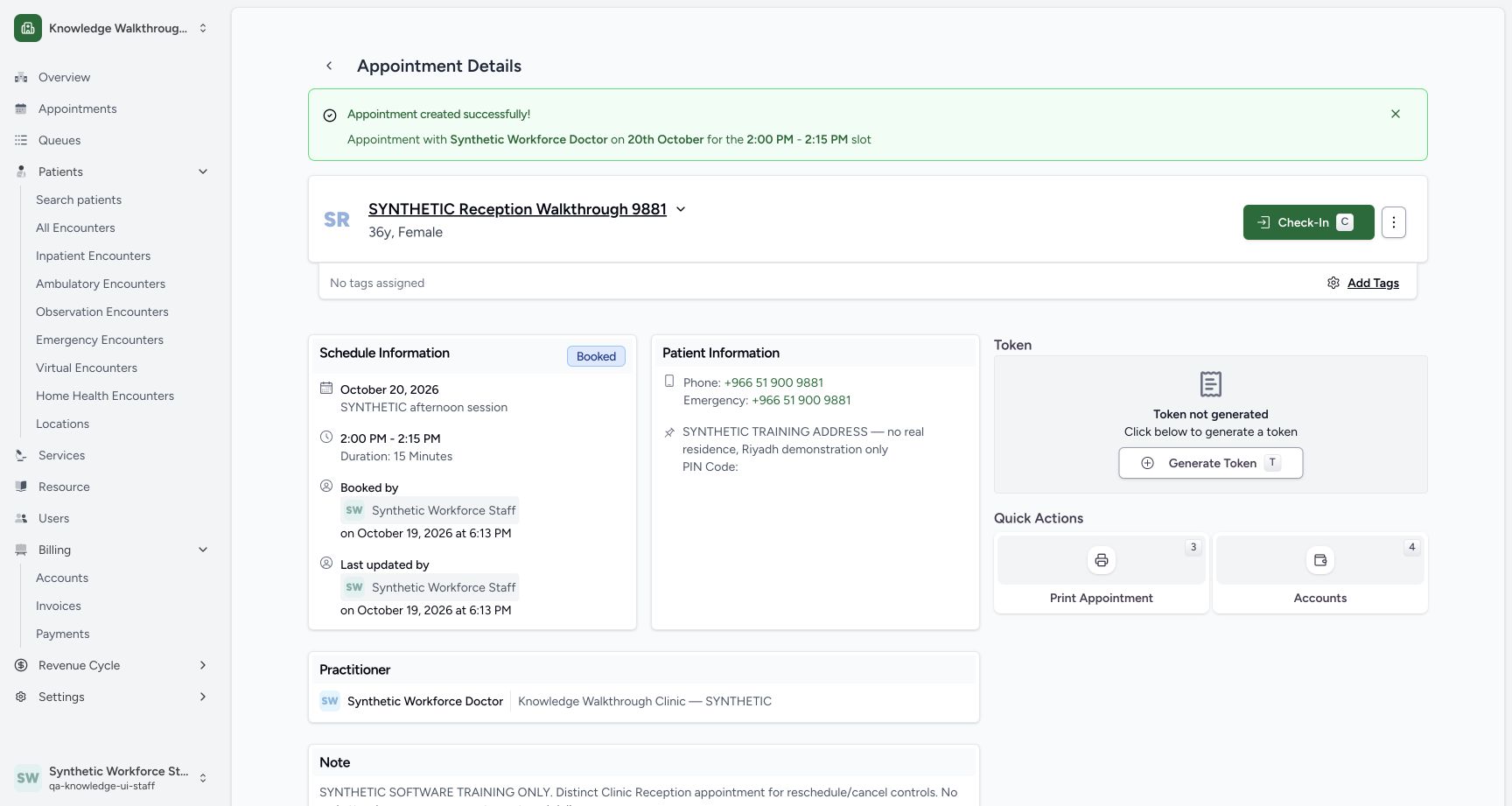 Verify the new saved Booked appointment. Genuine ordinary Staff workflow with explicitly fictional data.