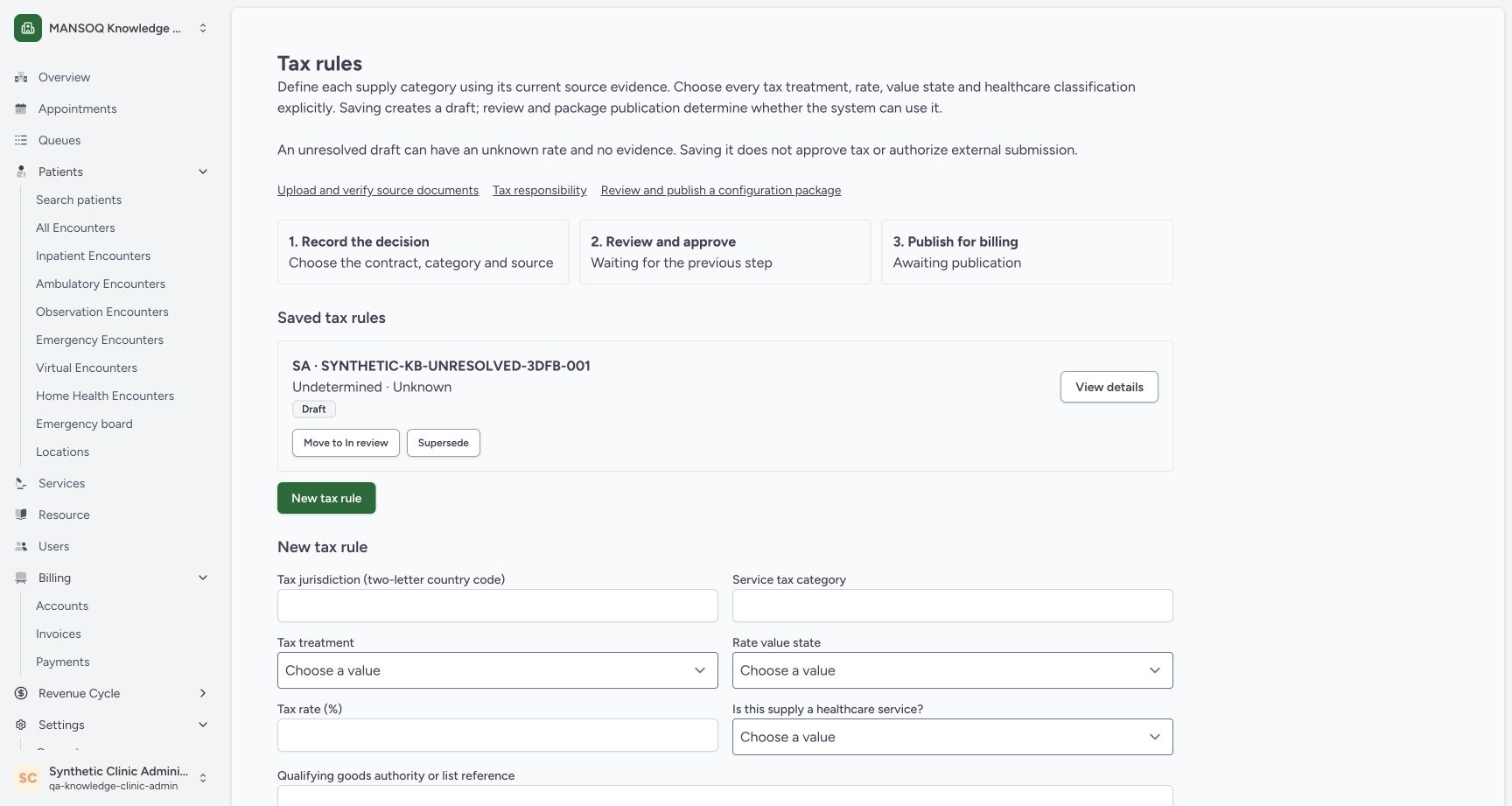After reload, the Draft card remains above an empty new tax rule form