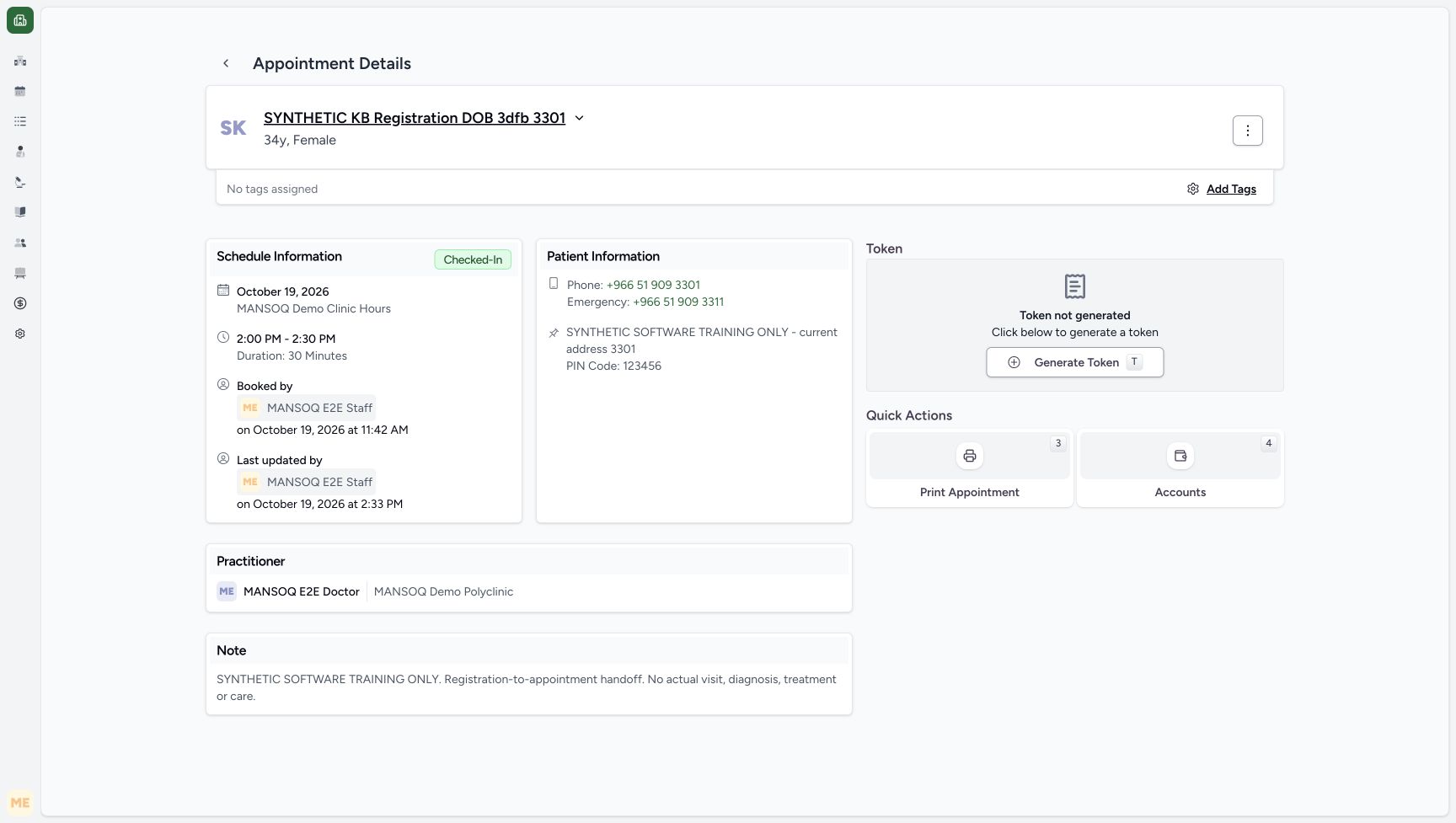 Saved Staff Check-In after migration. Genuine synthetic Staff workflow.