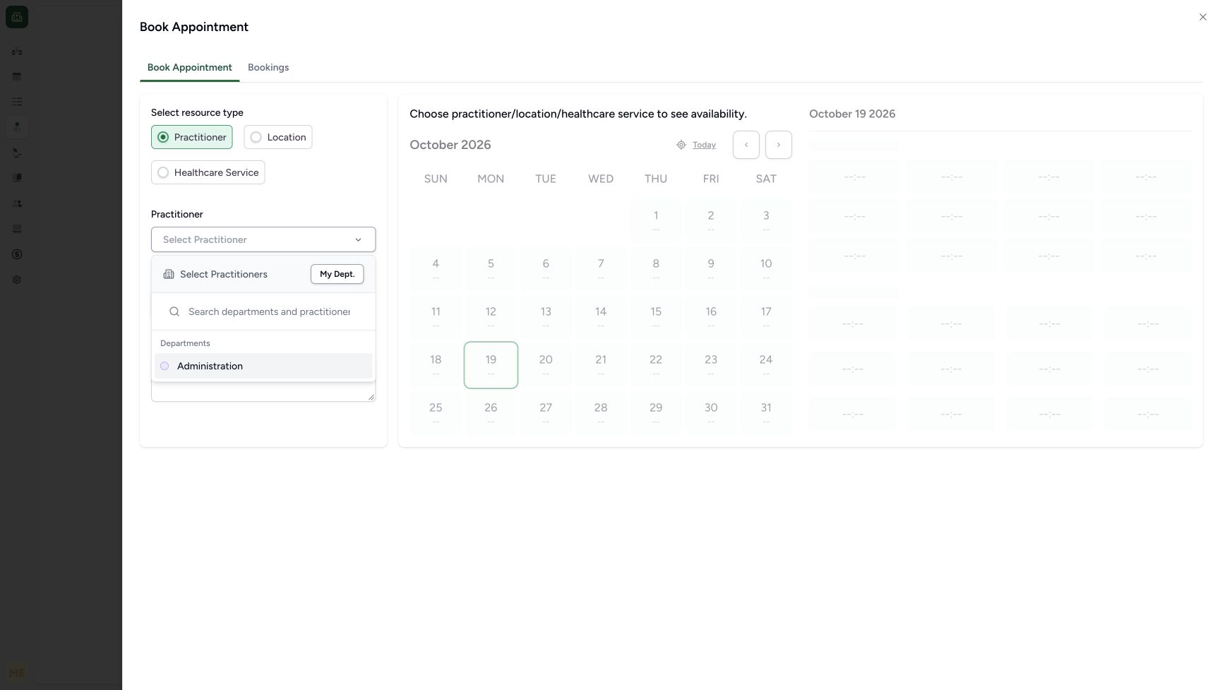 The open Select Practitioner picker shows the Administration department option.