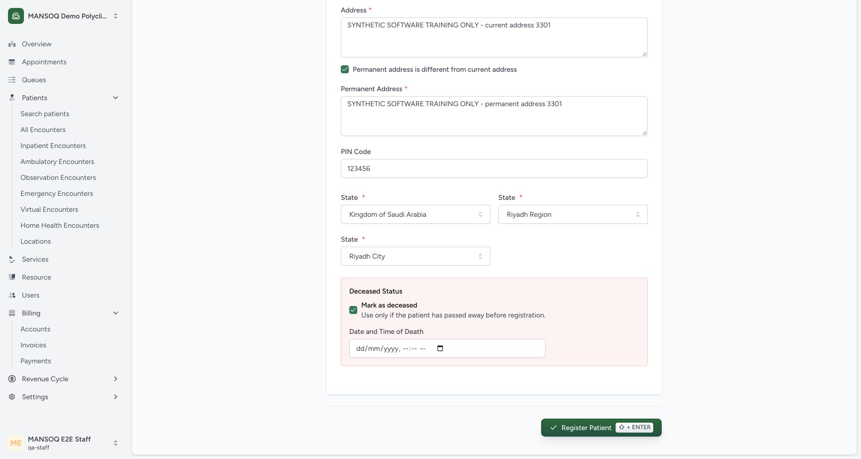 Deceased status reveals date and time in an unsaved draft. Actual synthetic Staff lesson.
