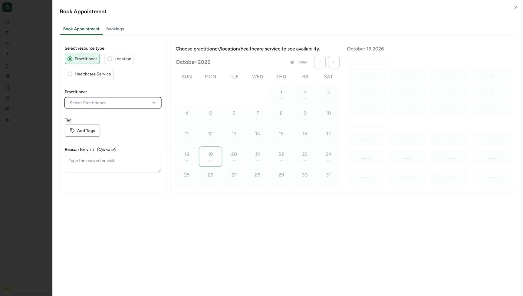 Book Appointment still shows Select Practitioner, a muted calendar and the upper-right Close control.