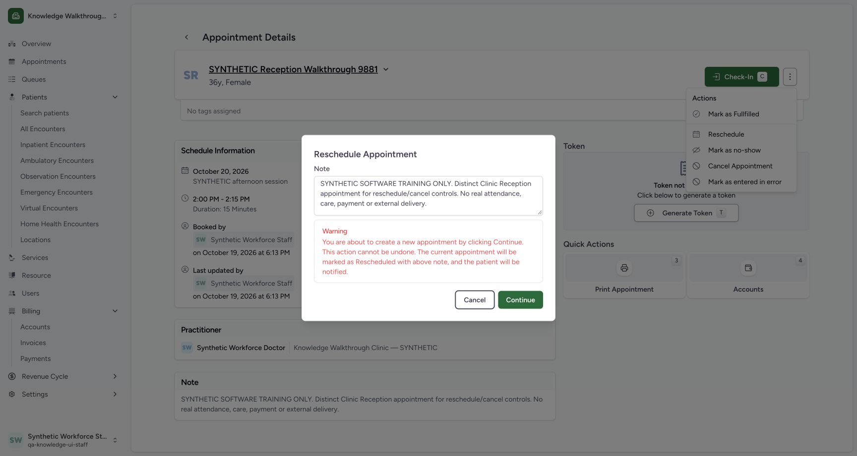 Review the reschedule warning before Cancel. Genuine ordinary Staff example with explicitly fictional Clinic data.