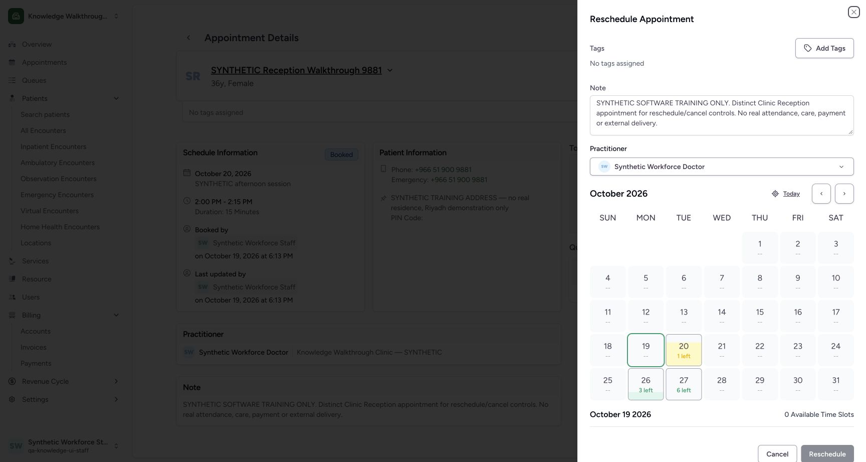 Review the selection sheet before Cancel. Genuine ordinary Staff example with explicitly fictional Clinic data.