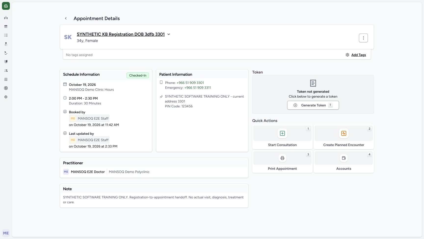 Review the saved checked-in appointment before opening its encounter form. Genuine synthetic Doctor workflow.