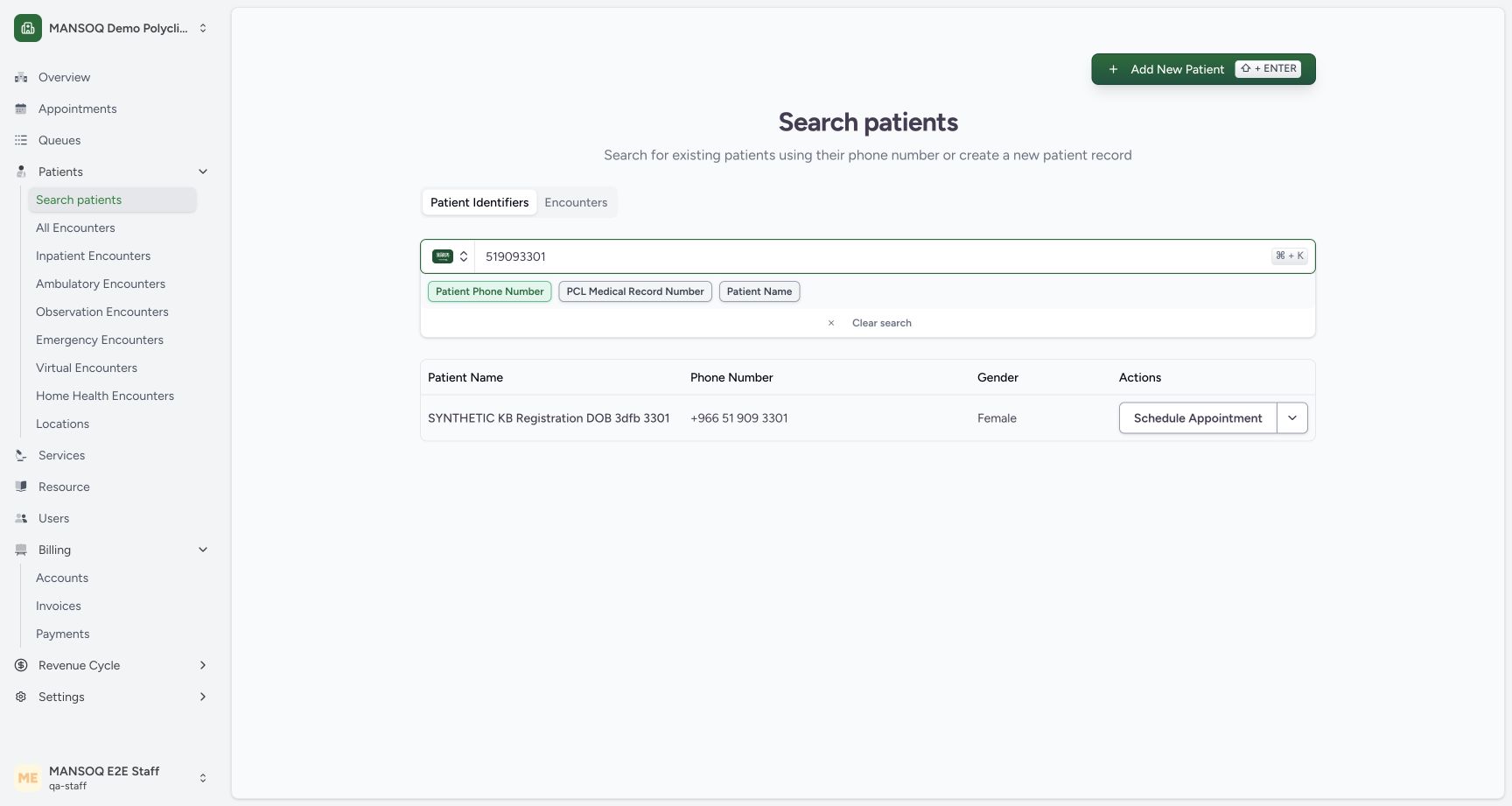 Find the saved patient by phone number. Actual synthetic Staff lesson.
