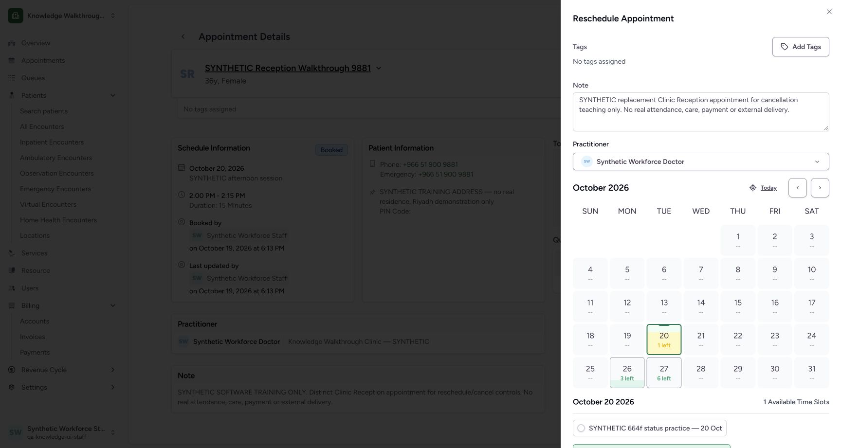 Review the complete replacement note and practitioner. Genuine ordinary Staff example with explicitly fictional Clinic data.