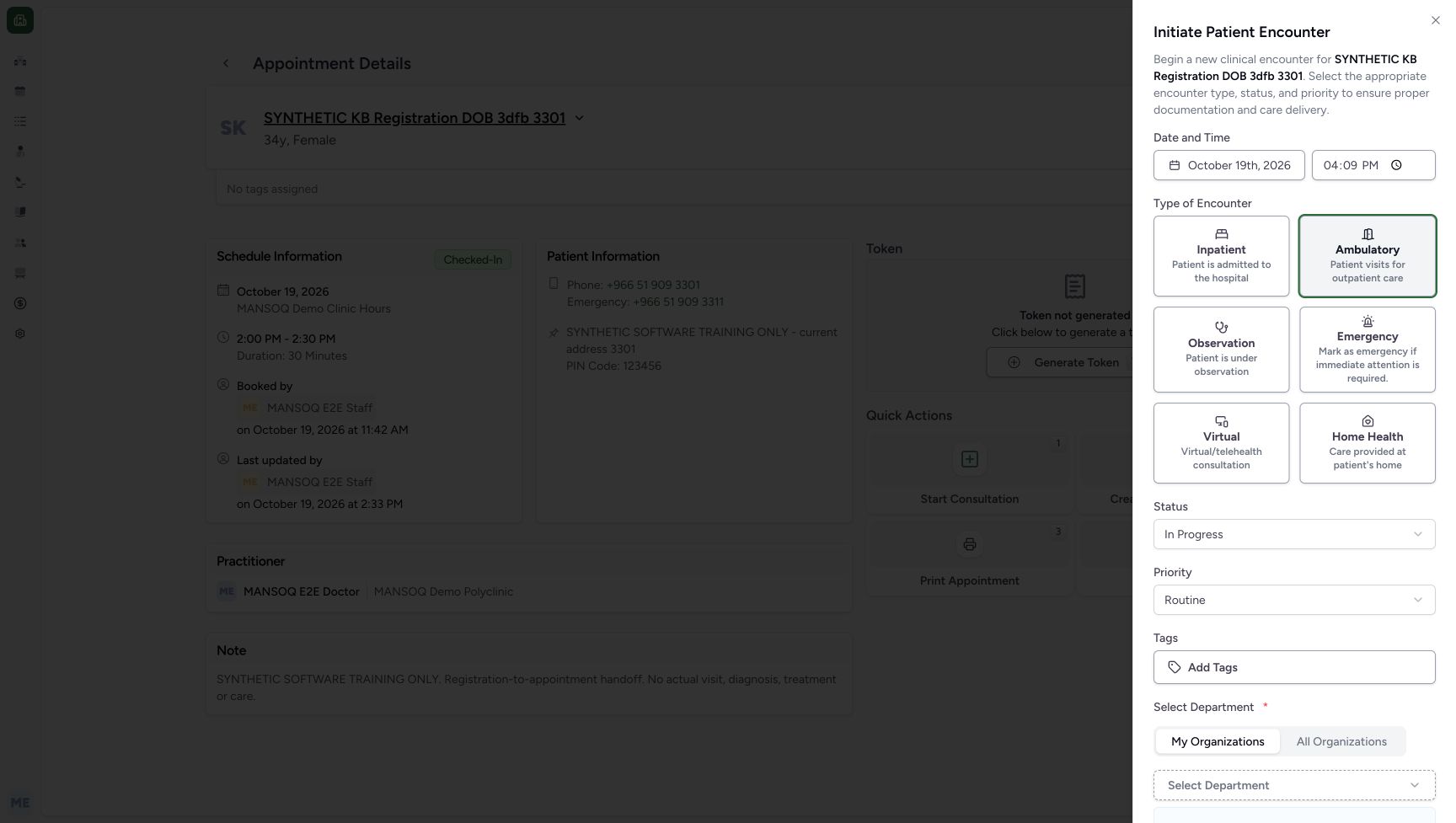 Review the intended encounter start separately from the appointment time. Genuine synthetic Doctor workflow.