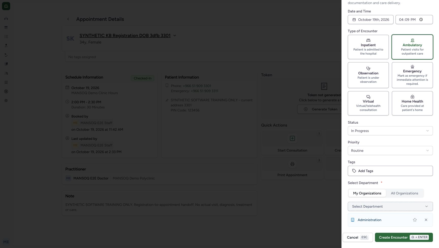 Review the department and the once-only Create control. Genuine synthetic Doctor workflow.