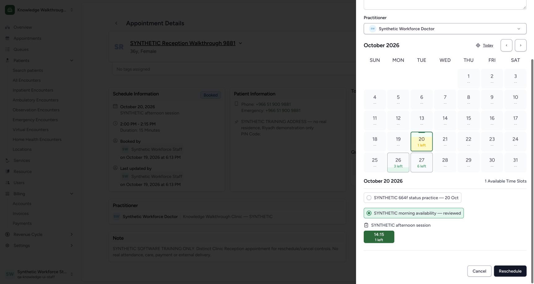 Review the selected 14:15 replacement before saving. Genuine ordinary Staff example with explicitly fictional Clinic data.