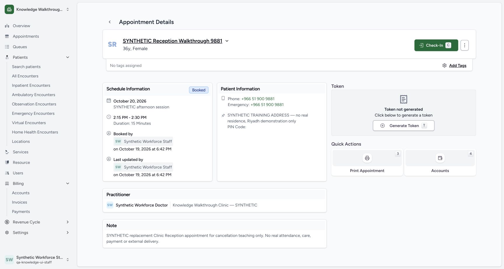 Verify the saved replacement appointment. Genuine ordinary Staff example with explicitly fictional Clinic data.