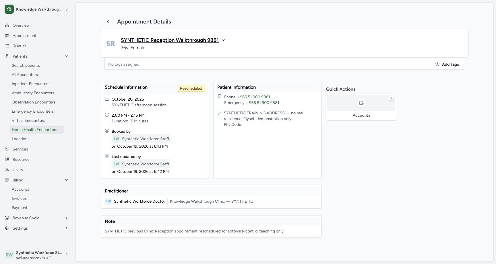Verify the retained original appointment. Genuine ordinary Staff example with explicitly fictional Clinic data.