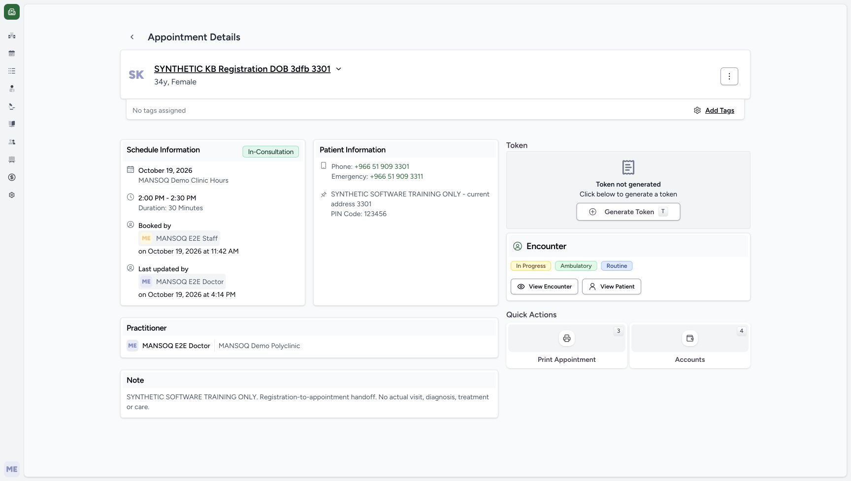 Reloaded appointment retains its booked time and note. Genuine synthetic Doctor workflow.