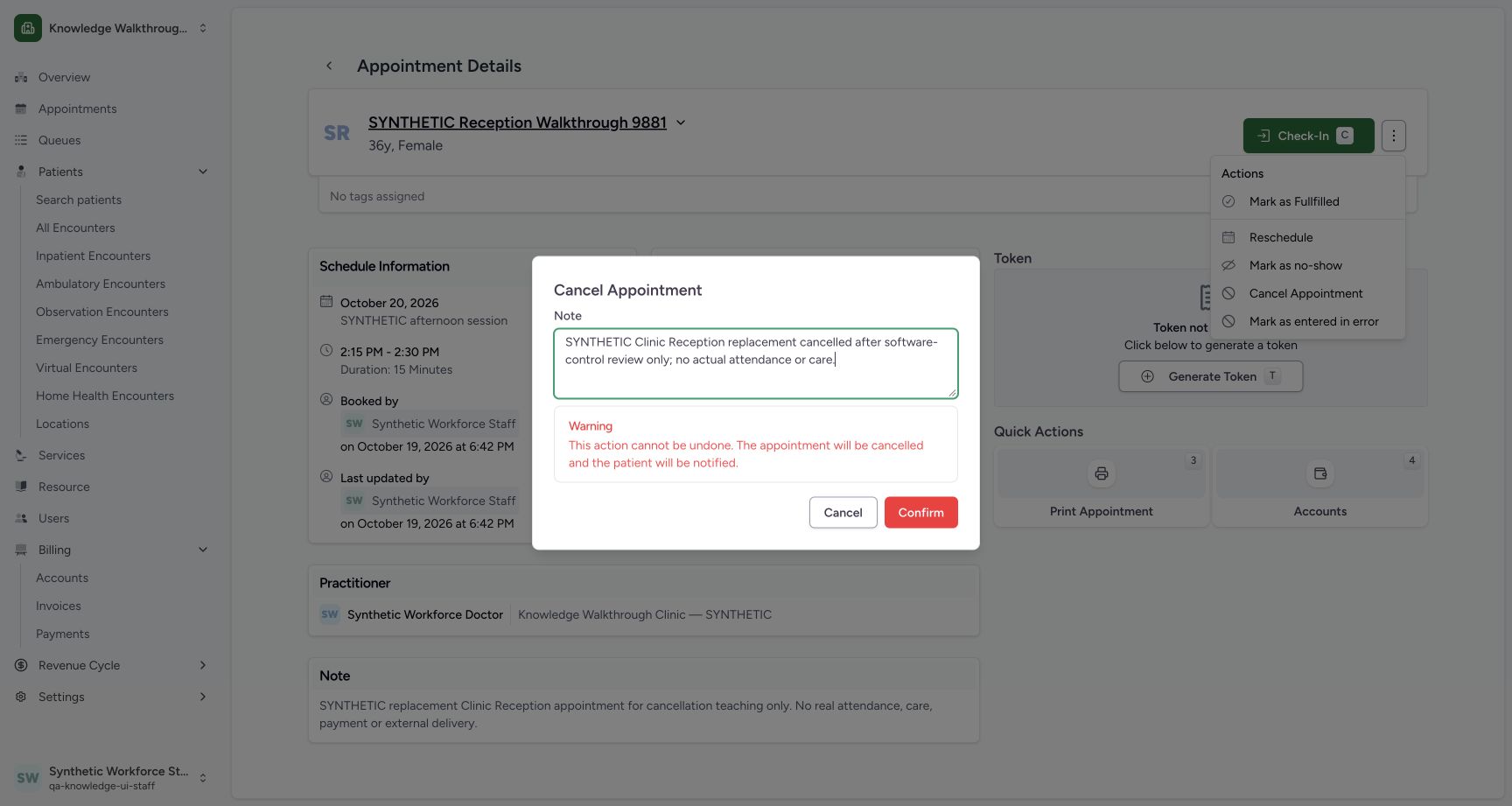 Review the cancellation note and Confirm. Genuine normal Staff software-control example, not actual attendance or care.
