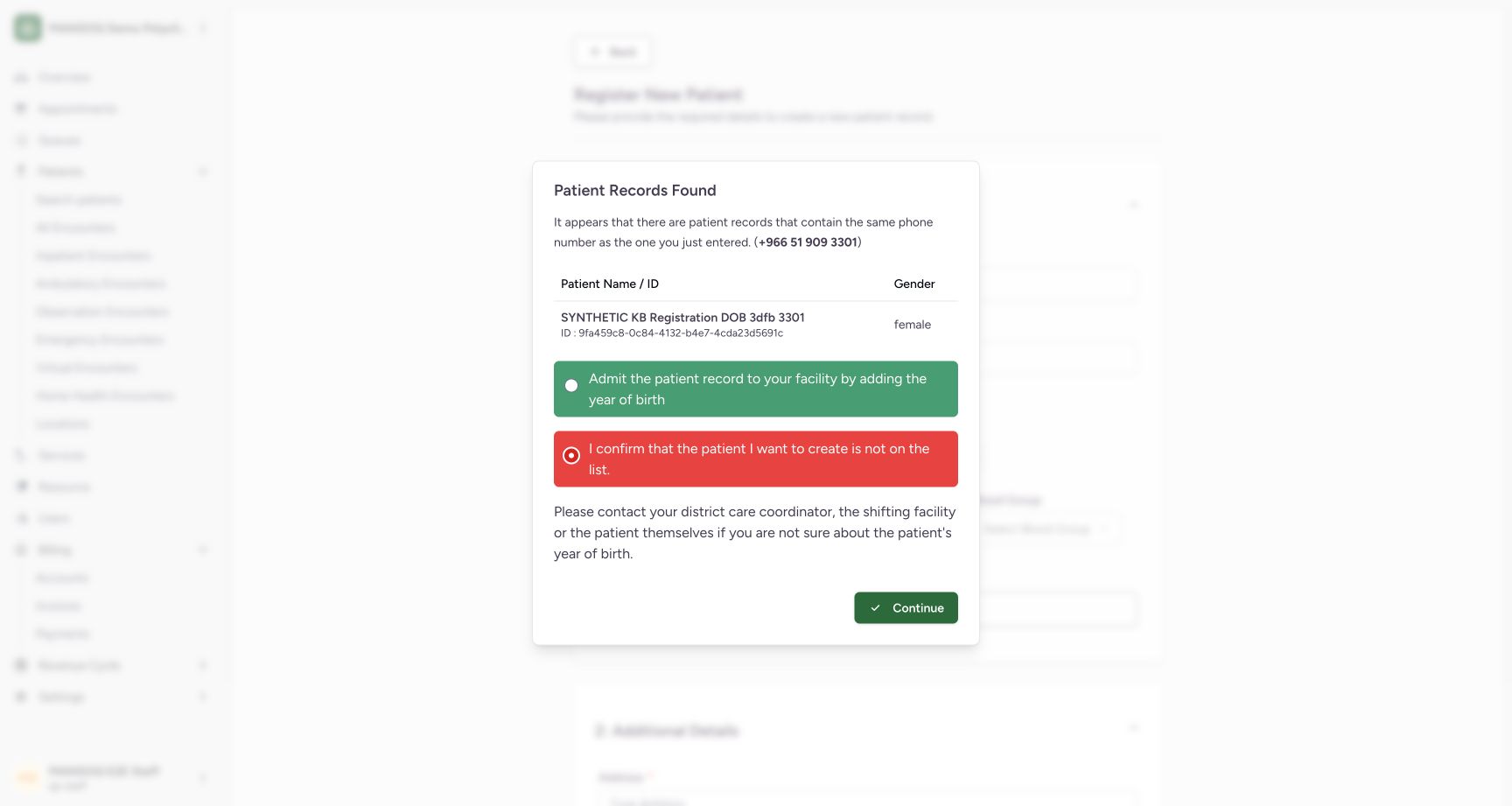 Different-person confirmation resumes the unsaved form. Actual synthetic Staff lesson.