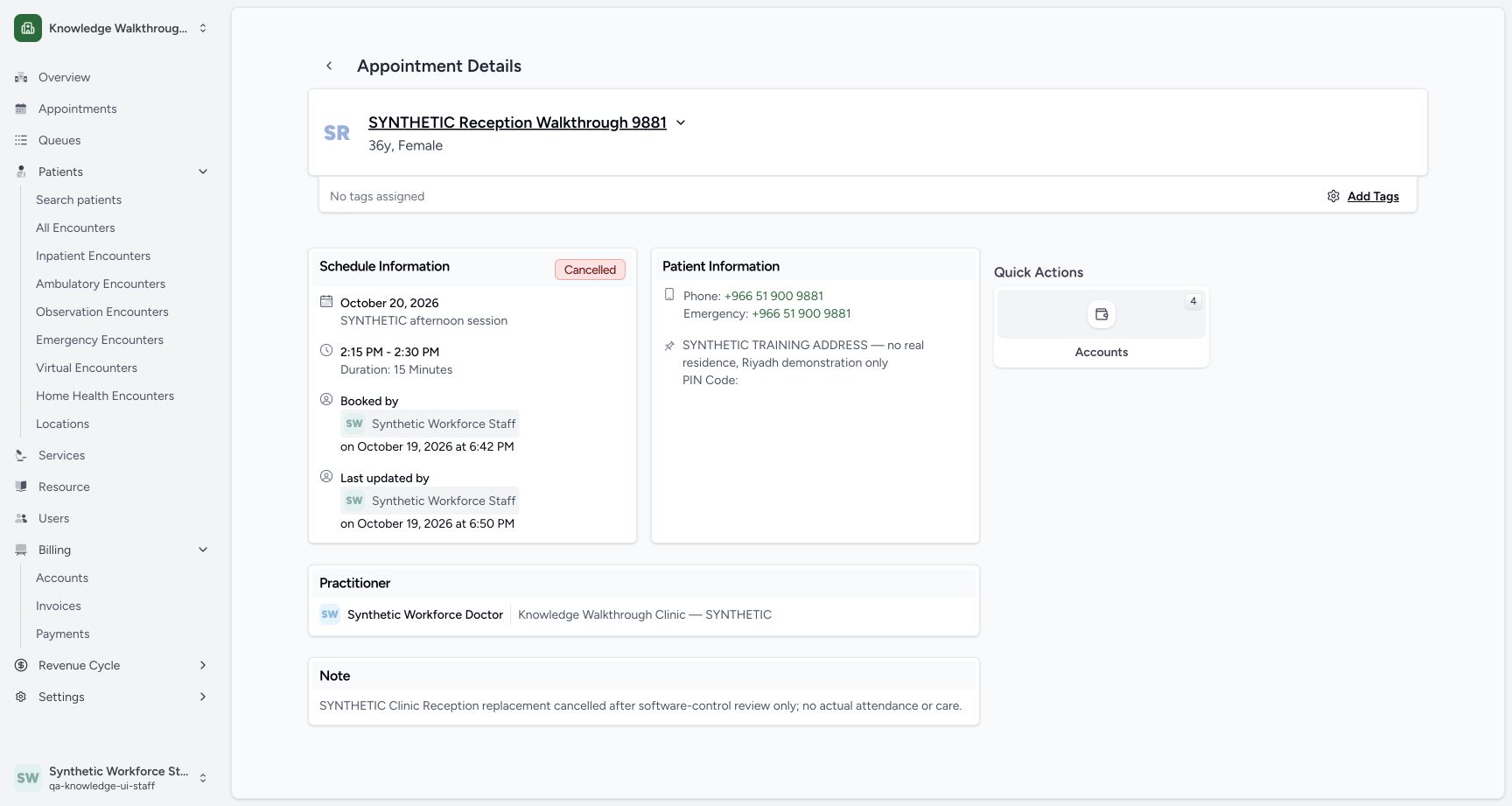 Verify the saved Cancelled replacement. Genuine normal Staff software-control example, not actual attendance or care.