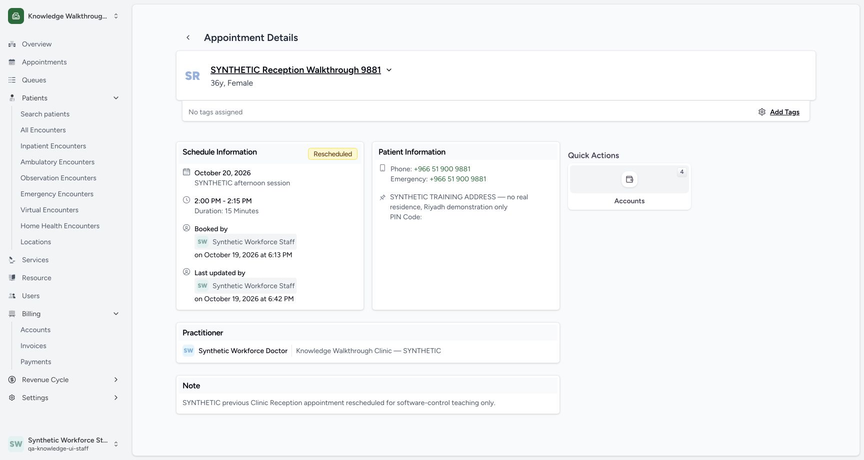 Verify the original remains Rescheduled. Genuine normal Staff software-control example, not actual attendance or care.