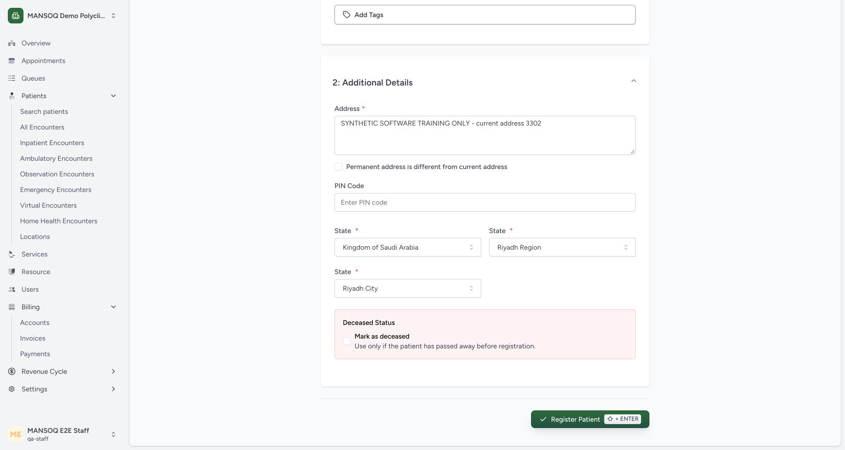 Review same-address defaults and optional blank PIN. Actual synthetic Staff lesson.