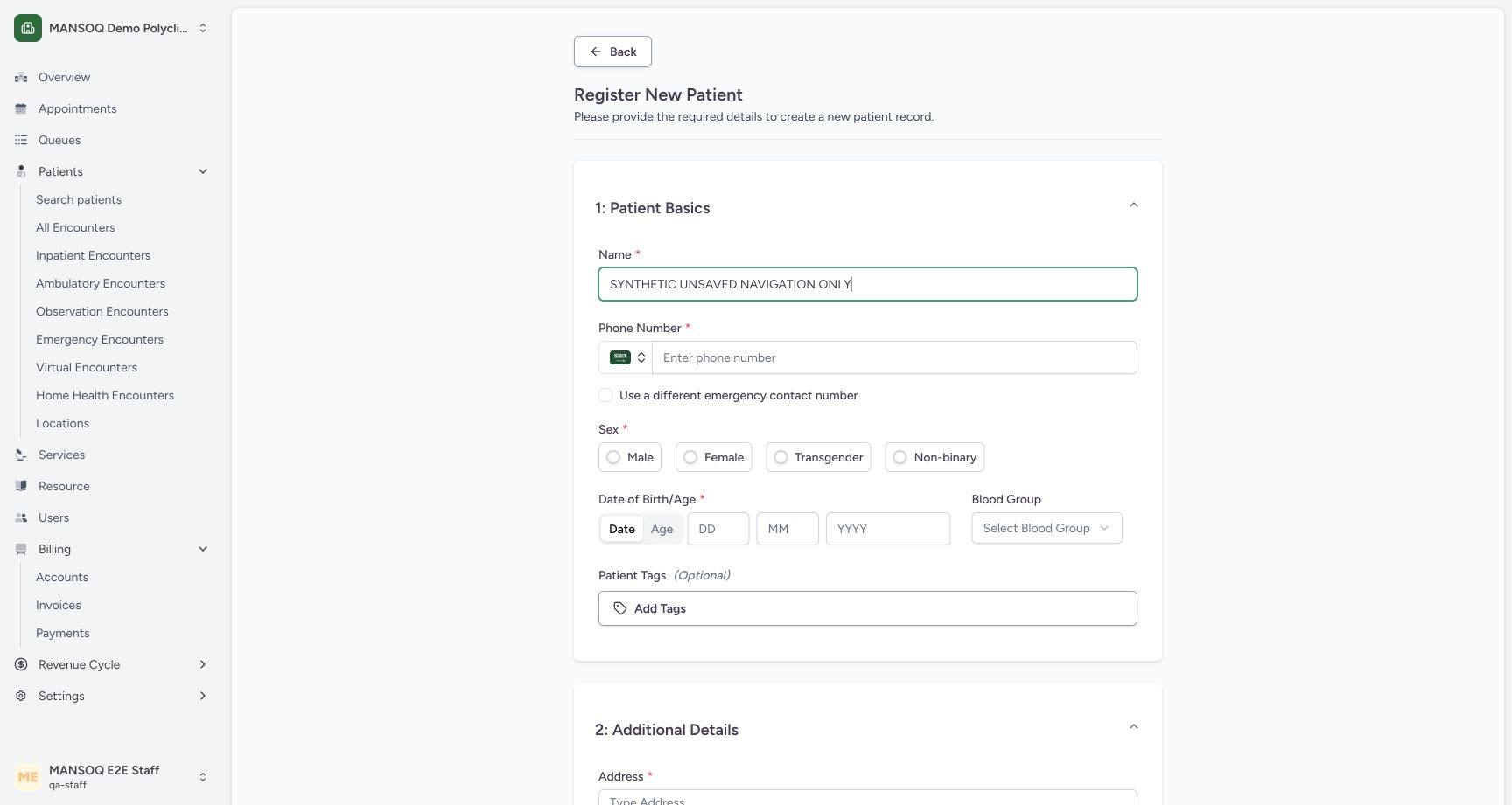 Unsaved registration draft and Back control. Actual synthetic Staff lesson.