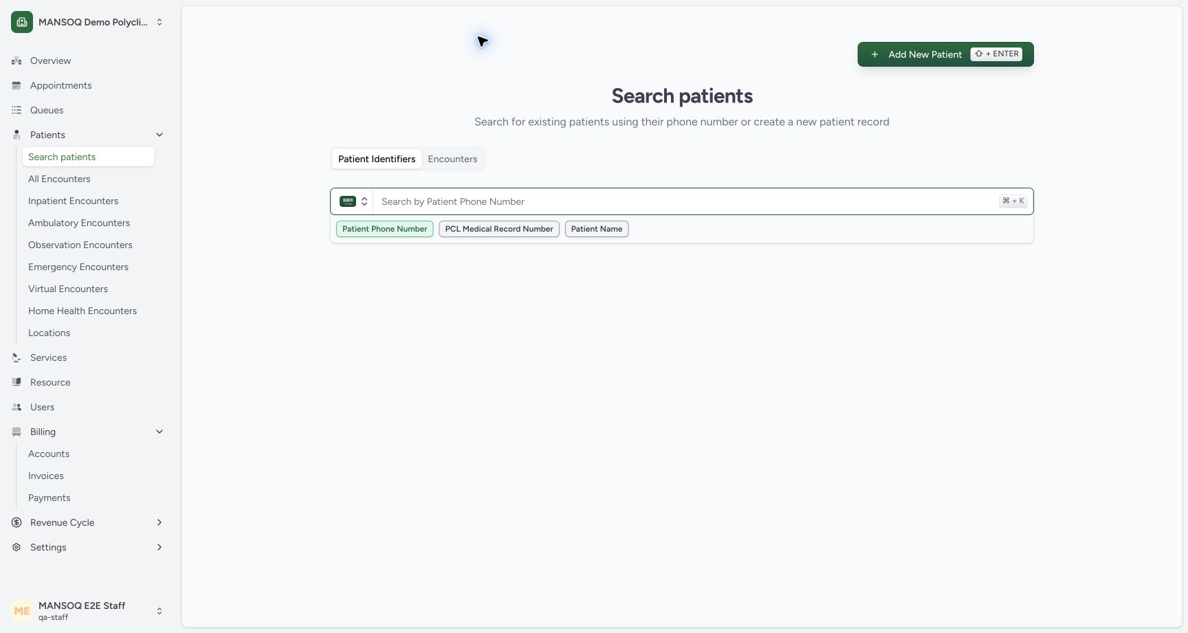 Leaving the unsaved draft returns to Search patients. Actual synthetic Staff lesson.