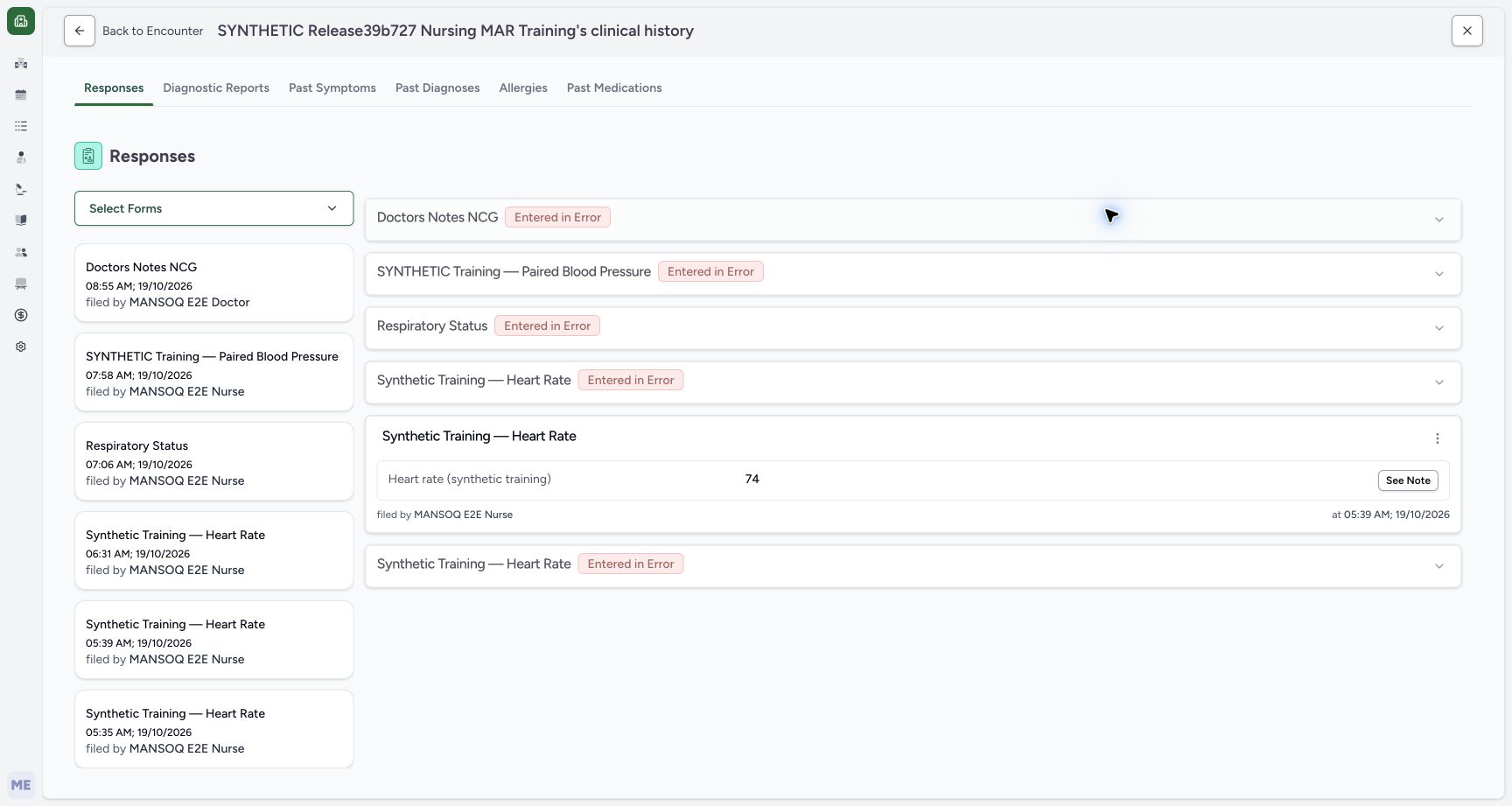 Patient Clinical History initially on Responses in the fictional training patient