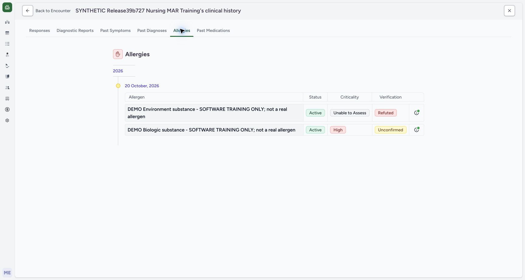 Patient Allergy history with two current fictional entries in the fictional training patient